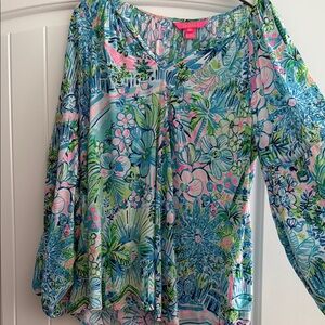 Lilly Pulitzer Blue Tie Front Graphic Blouse